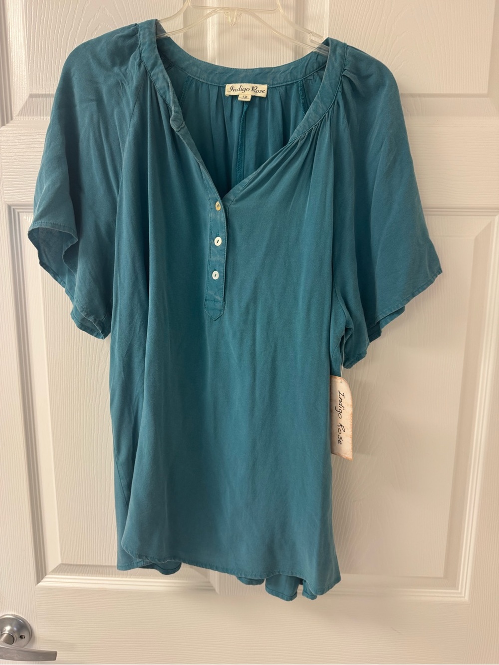 Indigo Rose Teal Short-Sleeve V-Neck Henley Blouse